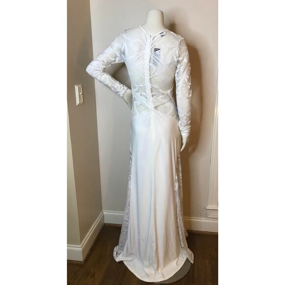 Bebe White Long Sleeve Cut Out Lace Gown M Bohemian Formal Maxi Dress Wedding - Picture 10 of 16